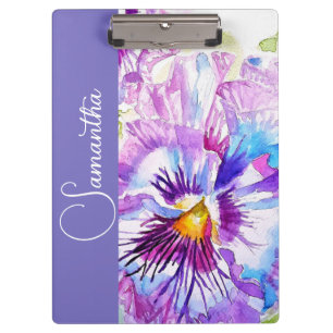 Purple Pansy Watercolor Flower Girls Name Floral Clipboard