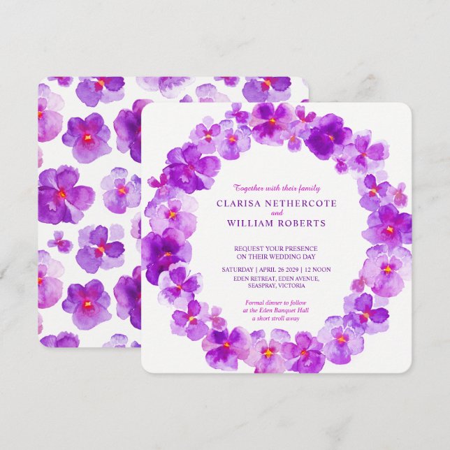Purple pansy watercolor flower wedding invitations (Front/Back)