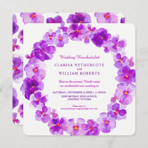 Purple pansy watercolor flower wedding rescheduled invitation