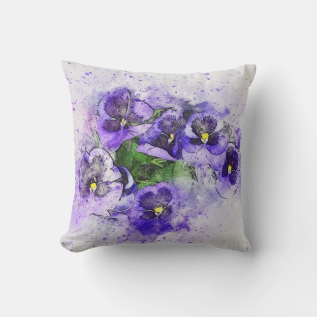 Purple Pansy Watercolor Throw Pillow (Front)