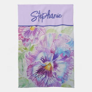 Purple Pansy Watercolor Womens Lavender Violet Kitchen Towel