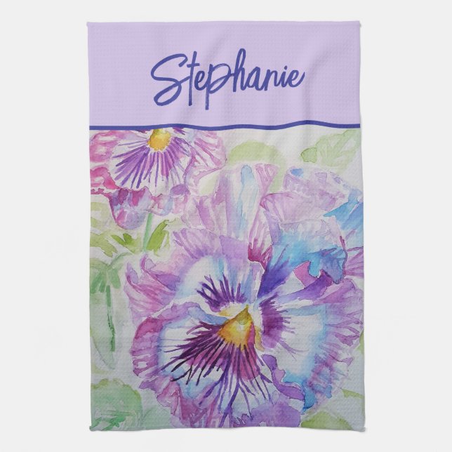 Purple Pansy Watercolor Womens Lavender Violet Kitchen Towel (Vertical)