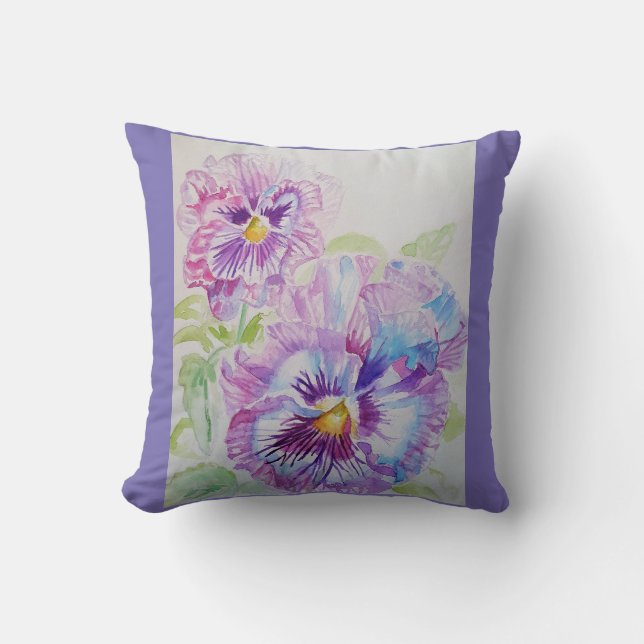 Purple Pansy Watercolour Flower floral Cushion (Front)