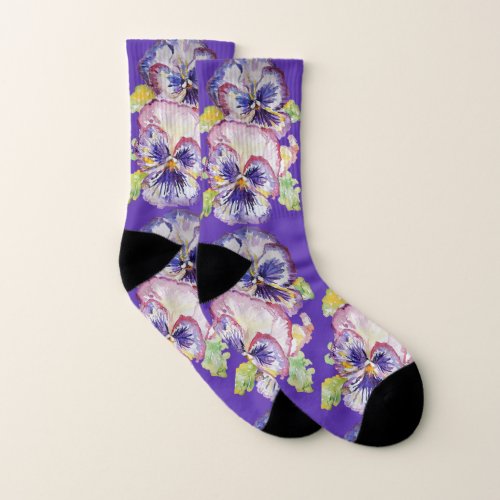 Purple Pansy Watercolour Flower Floral Socks