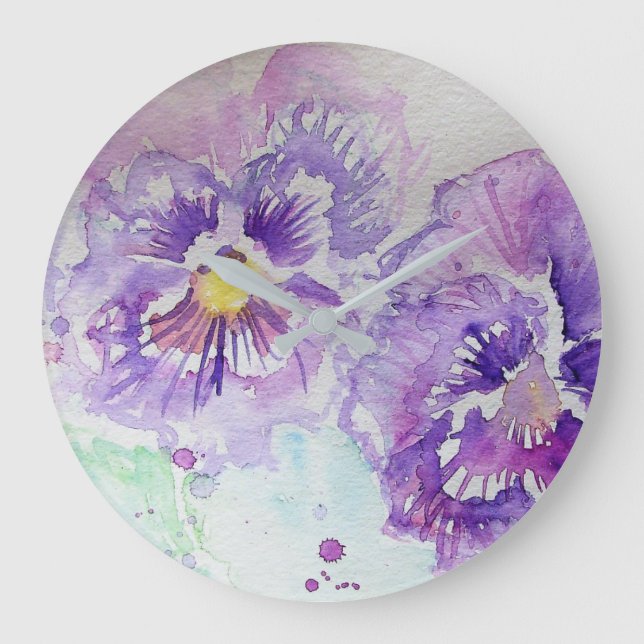 Purple Pansy Watercolour Flower floral Wall Clock (Front)