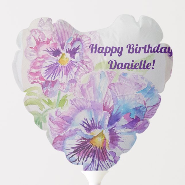 Purple Pansy Watercolour Happy Birthday Balloon (Front)