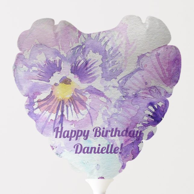 Purple Pansy Watercolour Happy Birthday Balloon (Front)