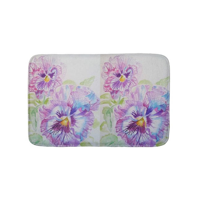 Purple Pansy Watercolour Pansies floral Bath Mat (Front)