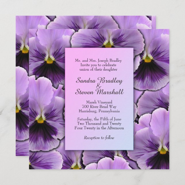 Purple Pansy Wedding Invitation (Front/Back)