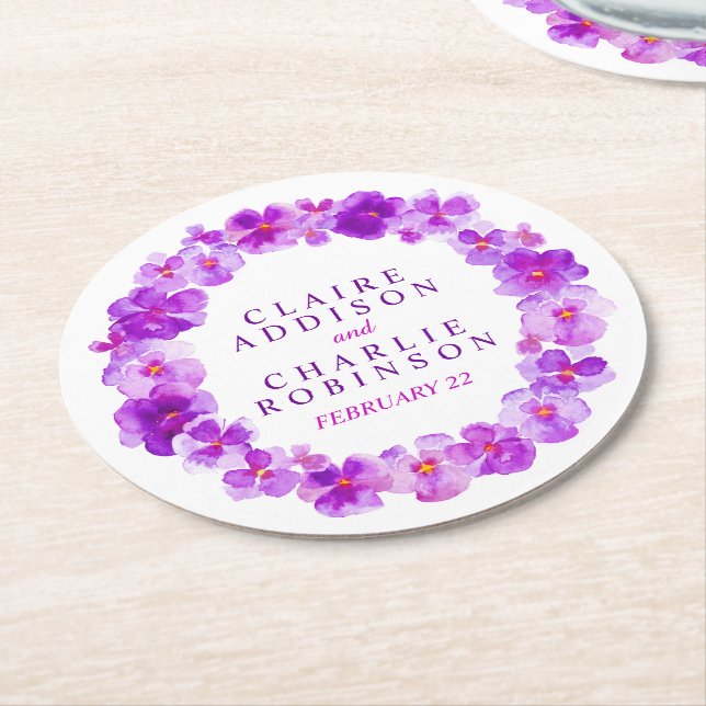 Purple pansy wreath flowers coasters (Angled)