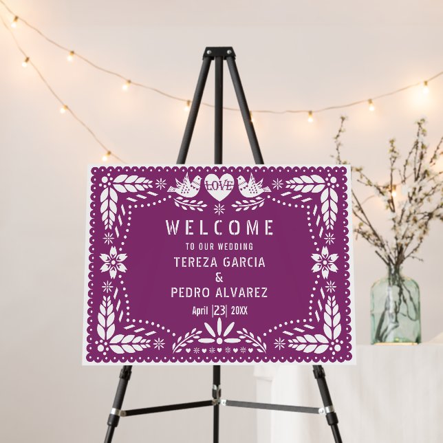 Purple papel Picado fiesta wedding welcome Foam Board (In Situ (Stand))
