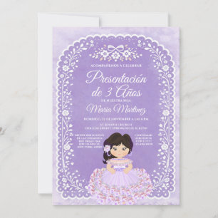 Purple Papel Picado Girl Presentación de 3 Años Invitation