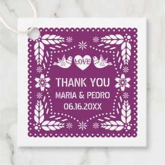 Purple papel picado love birds wedding fiesta favor tags