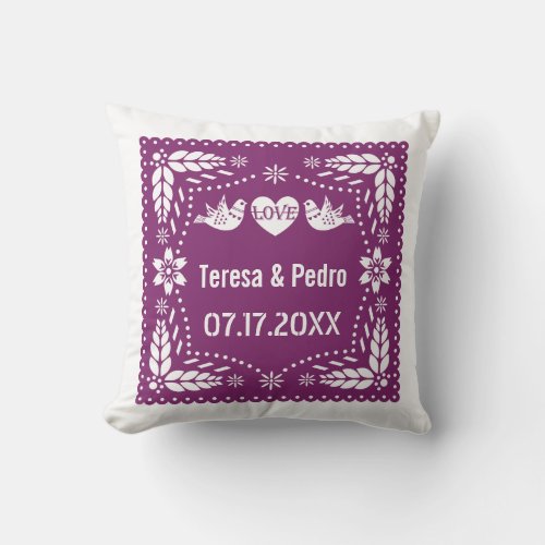 Purple papel picado love birds wedding fiesta throw pillow