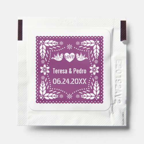 Purple papel picado love birds wedding hand sanitizer packet