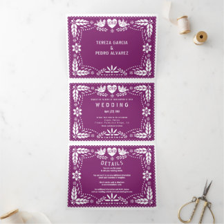 Purple papel picado love birds wedding Tri-Fold invitation
