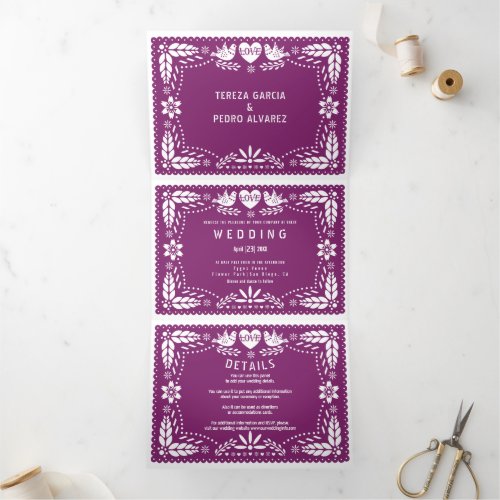 Purple papel picado love birds wedding Tri_Fold invitation