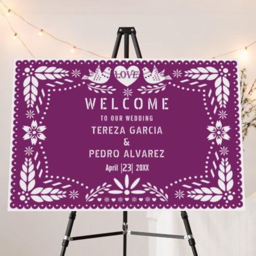 Purple Papel Picado lovebirds wedding welcome Foam Board