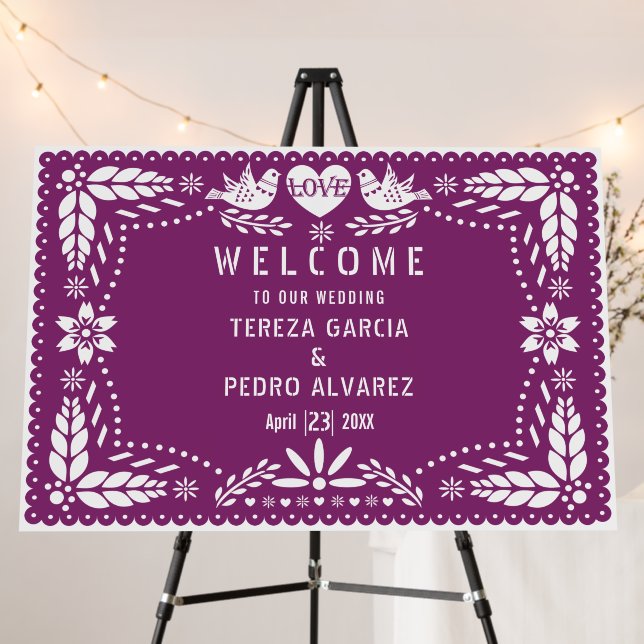 Purple Papel Picado lovebirds wedding welcome Foam Board (In Situ (Stand))