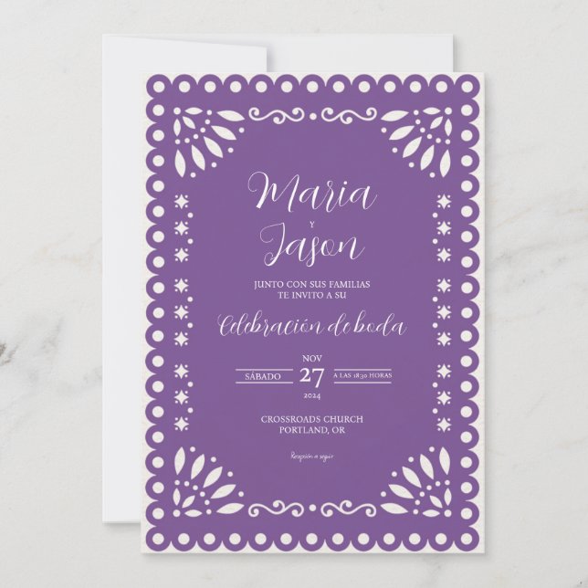 Purple Papel Picado Traditional Spanish Wedding Invitation (Front)