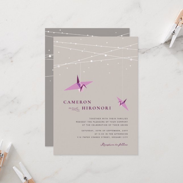Purple Paper Cranes Fairy Lights Asian Wedding Invitation (Front/Back In Situ)