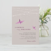 Purple Paper Cranes Fairy Lights Asian Wedding Invitation (Standing Front)