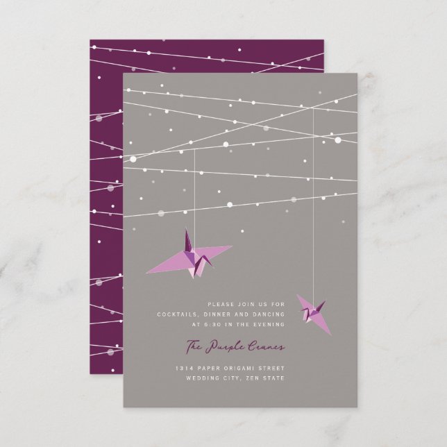 Purple Paper Cranes Fairy Lights Wedding Reception Invitation (Front/Back)