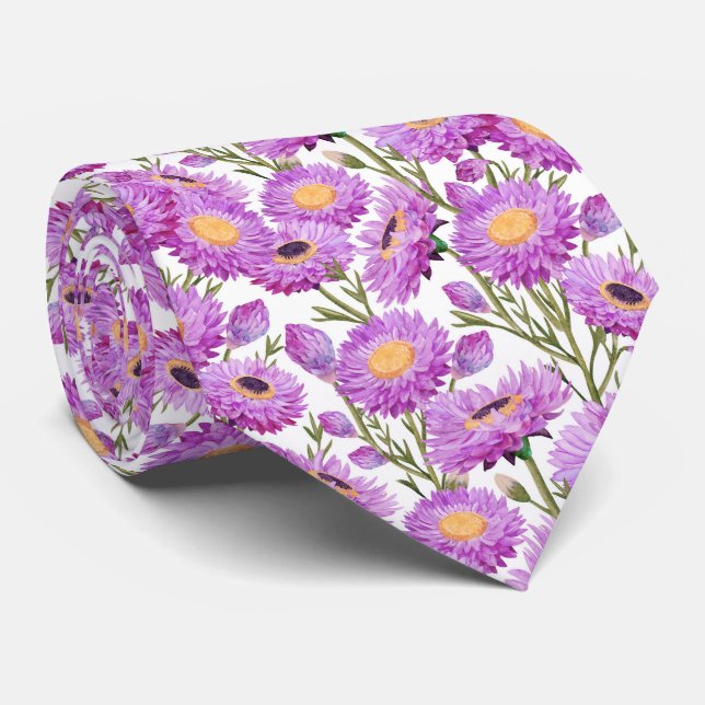 Purple Paper Daisies Floral Blooms Neck Tie (Rolled)