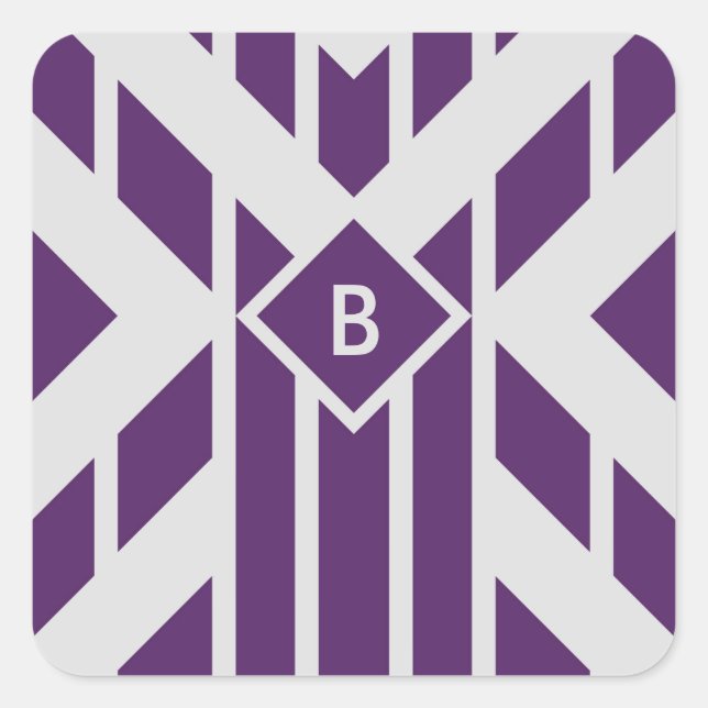 Purple Parallelogram Stripes on Gray with Monogram Square Sticker (Front)