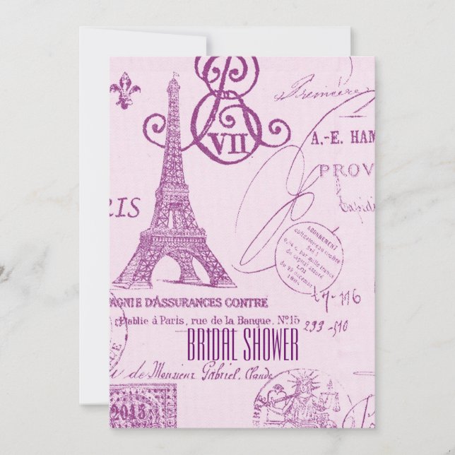 purple paris eiffel tower vintage bridal shower invitation (Front)