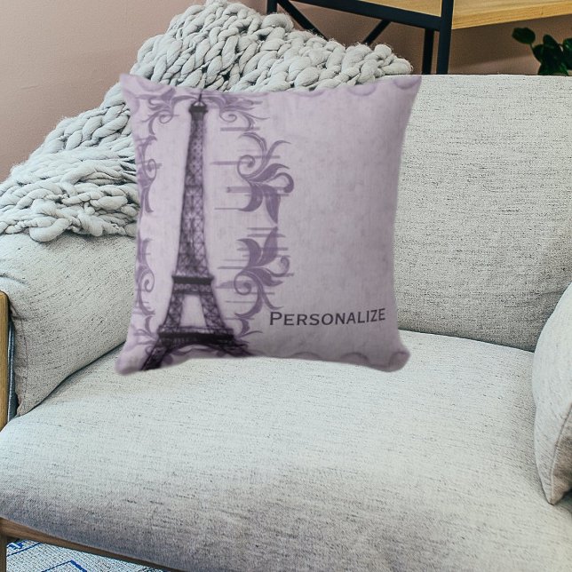 Purple Paris Grunge Throw Pillow (Lavender Paris Grunge Throw Pillow)