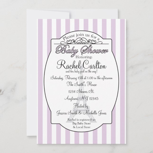 Purple Paris Theme Baby Shower Invitation (Front)