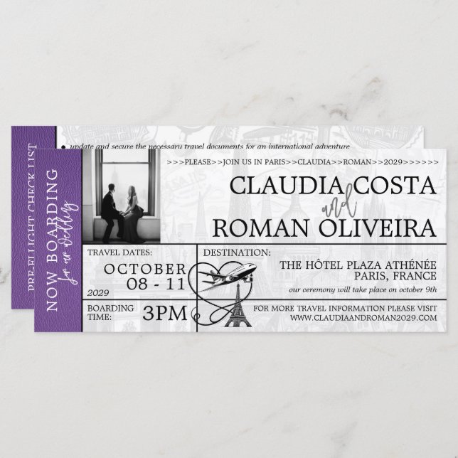 Purple Paris Wedding Boarding Pass Invitation (Front/Back)