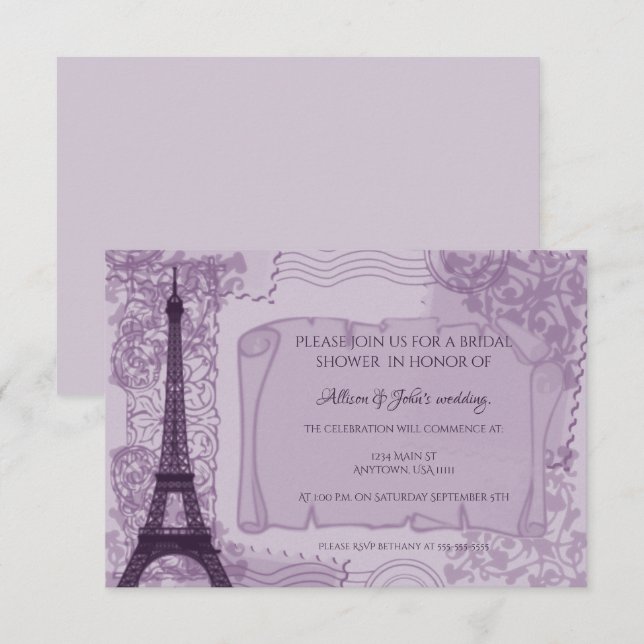 Purple Parisian Bridal Shower Invitation (Front/Back)