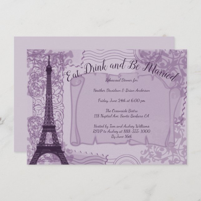Purple Parisian Rehearsal Dinner Invitation (Front/Back)