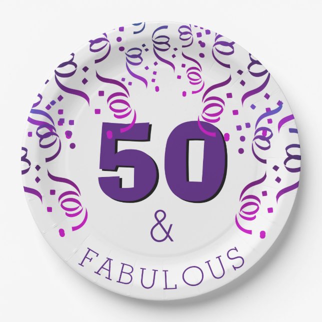 Purple Party | 50 Fabulous Happy 50th Birthday Paper Plates (Front)