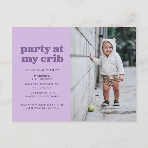 Purple Party at My Crib 1st Birthday Party Invitat Postcard