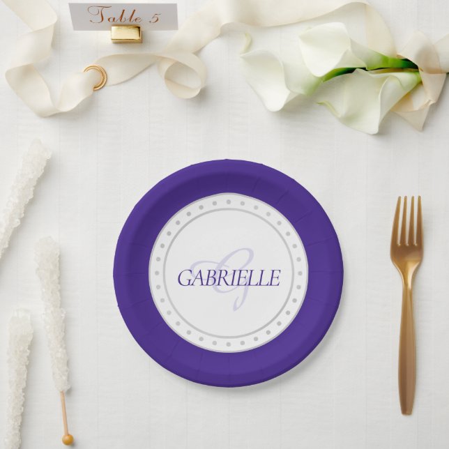 Purple Party | Chic Script Name Royal Ultra Violet Paper Plates (Wedding)
