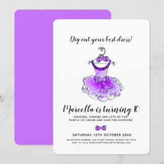 Purple party dress girls 10th birthday party invitation