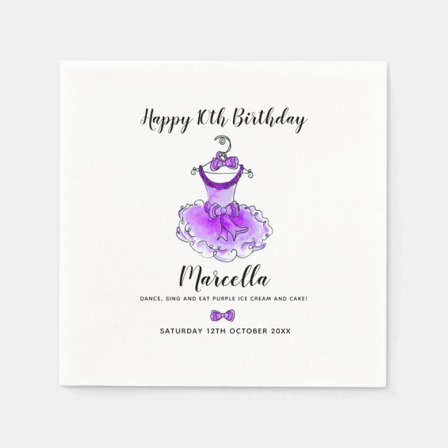 Purple party dress girls 10th birthday party napkins (Front)