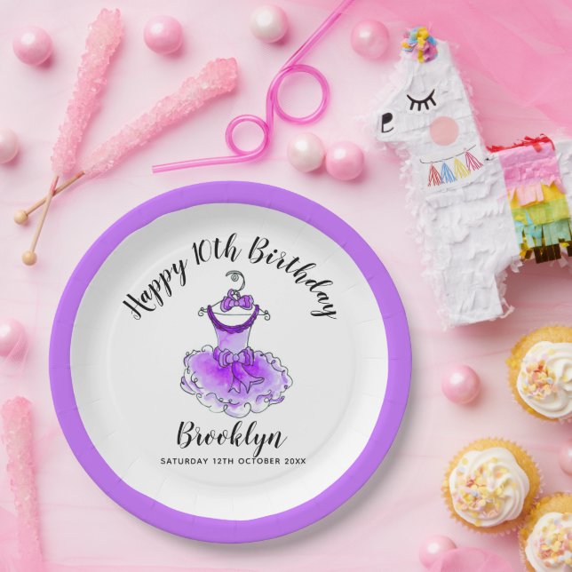 Purple party dress girls 10th birthday party paper paper plates (Party)