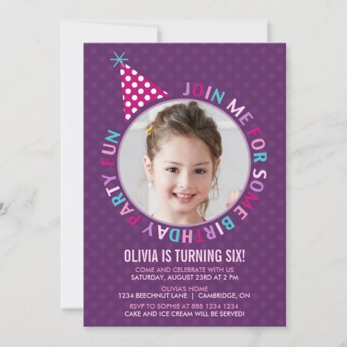 Purple Party Hat Kids Birthday Party Invitation