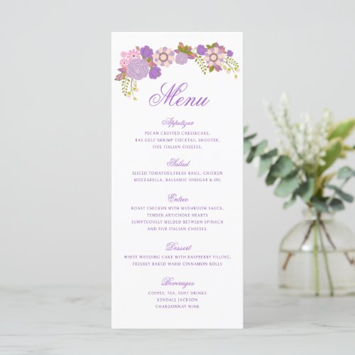 Purple Party Menus Floral Boho Wedding Menu Card