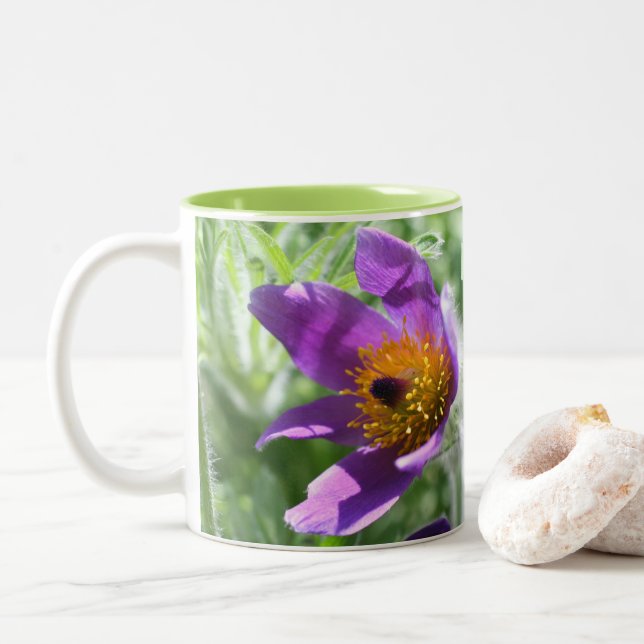 Purple Pasque Flower Personalized Two-Tone Coffee Mug (With Donut)