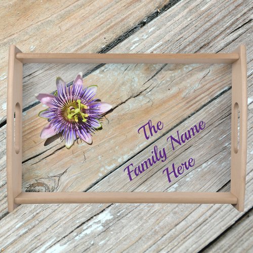 Purple Passiflora Blossom Weathered Wood Rustic Serving Tray
