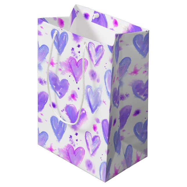 Purple Passion Watercolor Hearts Medium Gift Bag (Front Angled)