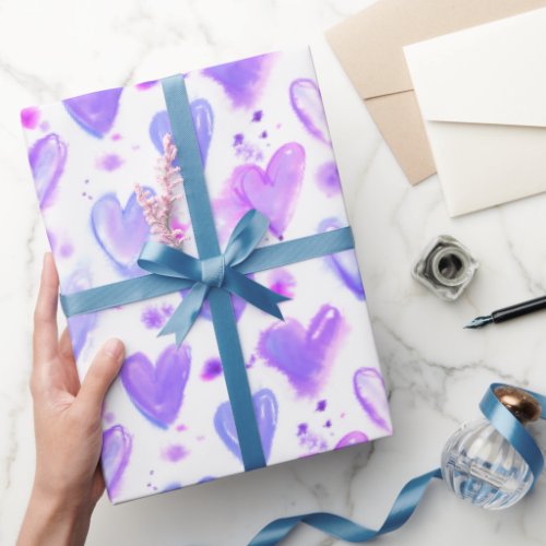 Purple Passion Watercolor Hearts Wrapping Paper