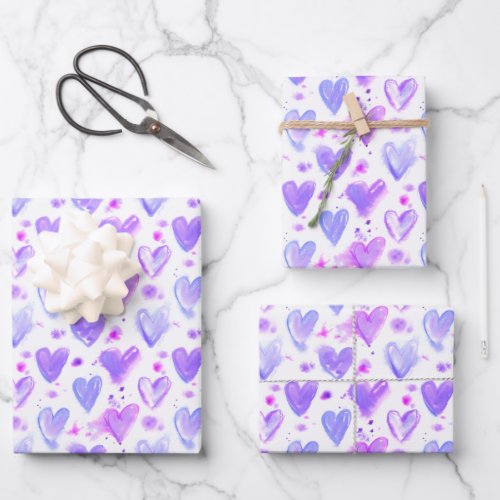 Purple Passion Watercolor Hearts Wrapping Paper Sheets