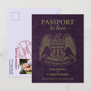 Purple Passport Cute Fun Wedding Save the Date Announcement Postcard