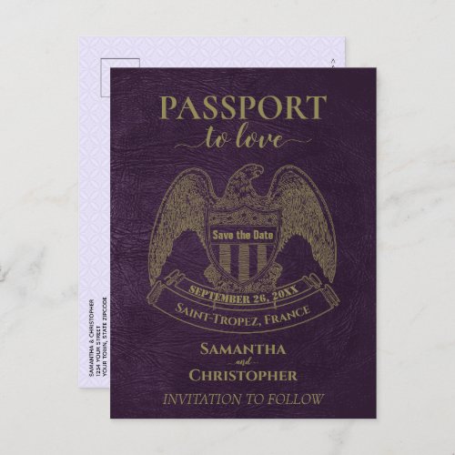 Purple Passport Cute Fun Wedding Save the Date Announcement Postcard